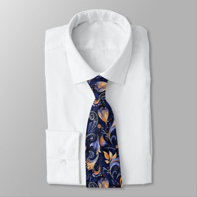 Blue and Gold Abstract Paisley Leaves Tie (Tied)