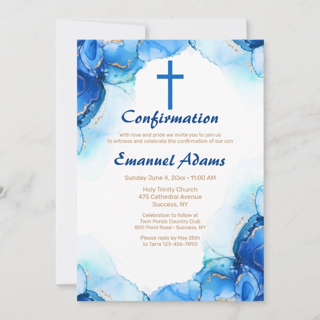 Blue and Gold Abstract Religious Invitation (Front)