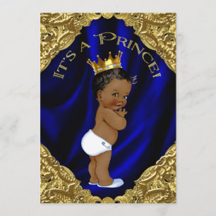 Blue and Gold African American Prince Baby Shower Invitation