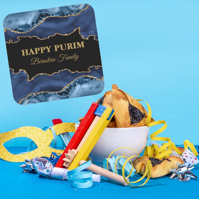 Blue and Gold Agate Hebrew Happy Purim Stickers  (Creator Uploaded)