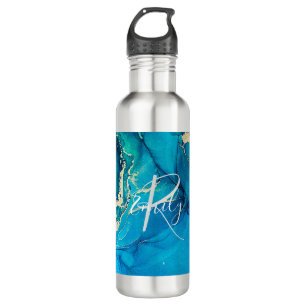 Blue and Gold Agate Marble Abstract Name Monogram 710 Ml Water Bottle
