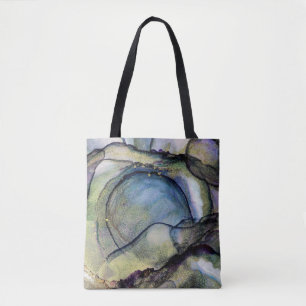 Blue and Gold Alcohol Ink Liquid Abstract Art Tote Bag