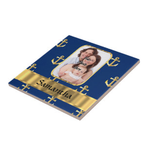 Blue and gold anchor patterned tile