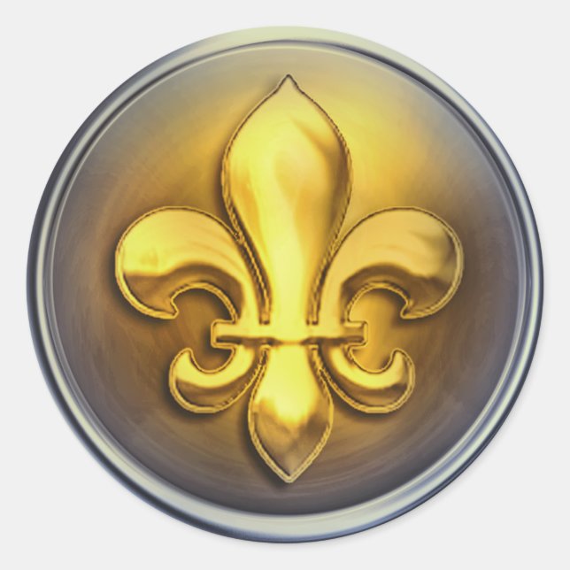 Blue and Gold and  Fleur de Lis Embossed Look Classic Round Sticker (Front)