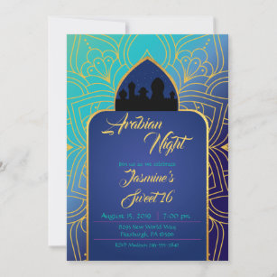 Blue and Gold Arabian Nights Moroccan Birthday Invitation