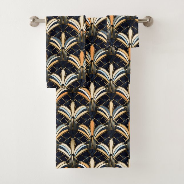 Blue and Gold Art Deco Bath Towel Set (Insitu)