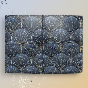 Blue and Gold Art Deco Cobweb Luxury Wrapping Paper