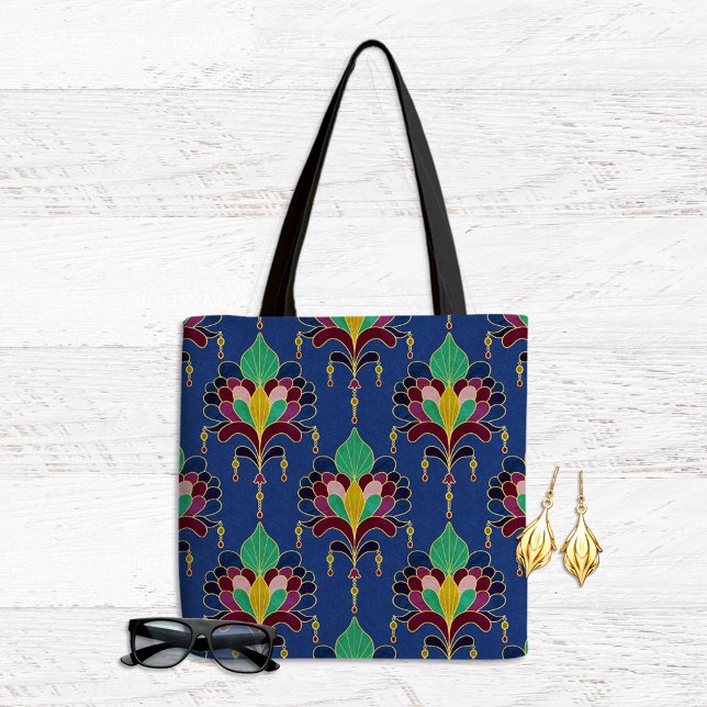 Blue and Gold Art Deco Floral Ornament Tote Bag (Creator Uploaded)