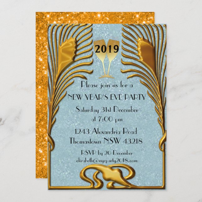 Blue and Gold Art Deco New Year's Eve Invitation (Front/Back)