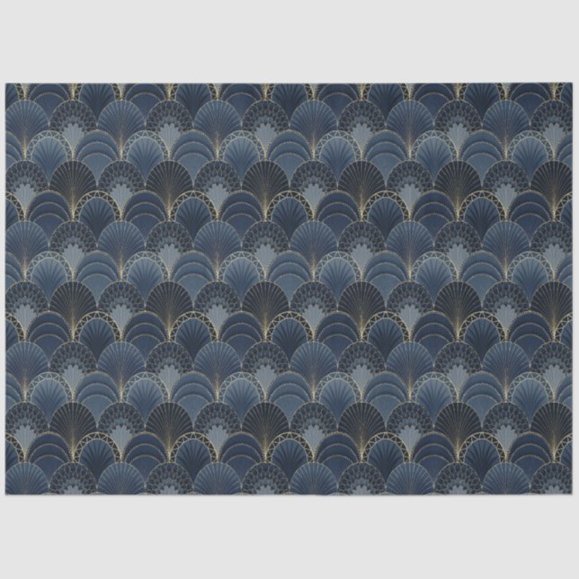 Blue and Gold Art Deco Scallop Luxury Decoupage Tissue Paper (Front)