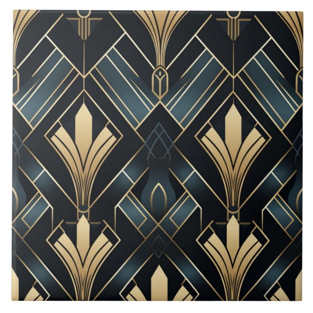 Blue and Gold Art Deco, Shiny and Dark Tile (Front)