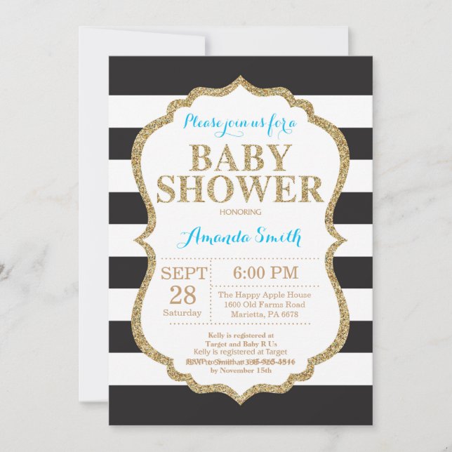 Blue and Gold Baby Shower Invitation Glitter (Front)