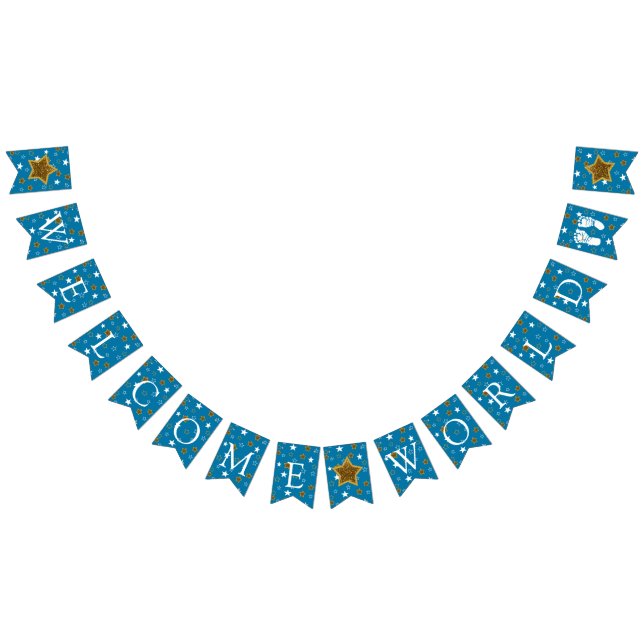Blue and Gold  Baby Shower Welcome World Footprint Bunting (All)