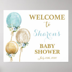 Blue and Gold balloon baby shower boy welcome sign