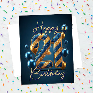Blue and Gold Balloons and Stripes 21st Birthday Postcard