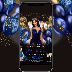 Blue and Gold Balloons Royal Birthday Invitation
