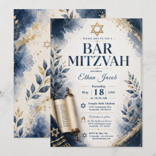Blue and Gold Bar Mitzvah Invitation