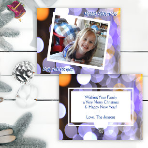 Blue and Gold Bokeh Christmas Photo Holiday Card