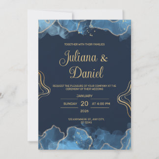 Blue and Gold Bordered Elegant Wedding Invitation