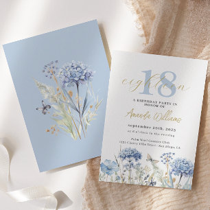 Blue and Gold Botanical 18th Birthday Invitation