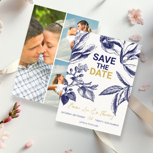 Blue and Gold Botanical 3 Photo Wedding Save The Date