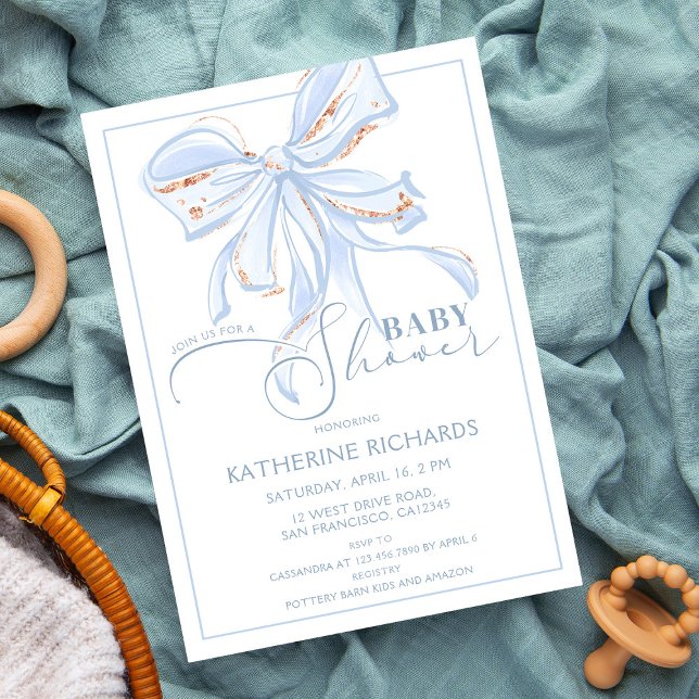 Blue and Gold Bow Romantic Chic Baby Shower Boy Invitation (Creator Uploaded)