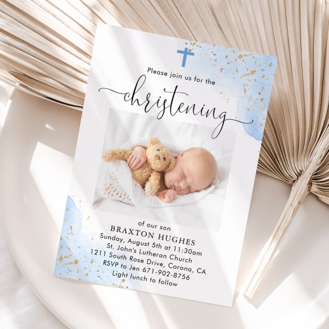 Blue and Gold Boy Christening Baptism Invitation (Creator Uploaded)