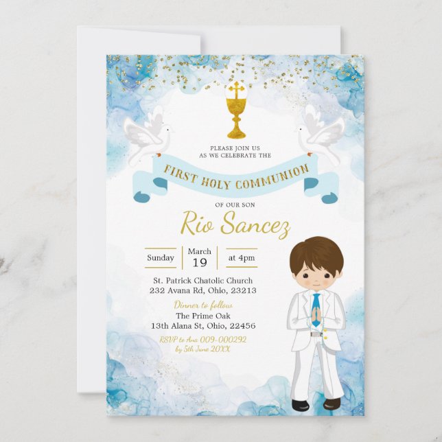 Blue and Gold boy first communion Invitation (Front)
