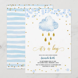 Blue and Gold Boy Raincloud Baby Shower Invitation