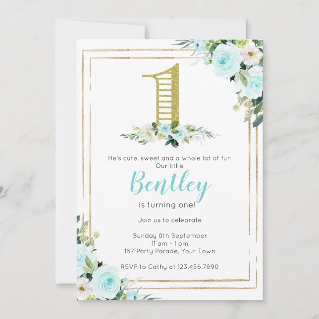 Blue and Gold Boys 1st Birthday Invitation (Front)