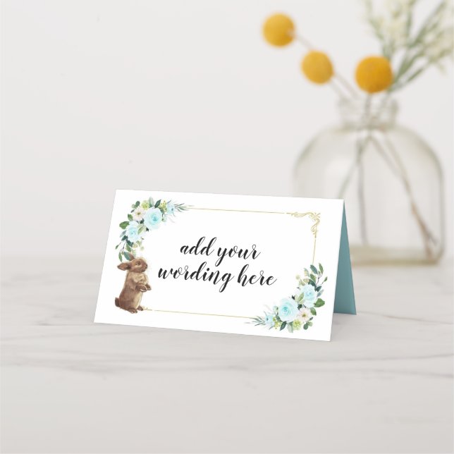 Blue and Gold Bunny Rabbit With Flowers Easter Place Card (Front)