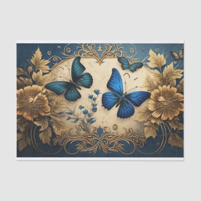 Blue and Gold Butterfly Decoupage Tissue Paper (Front)