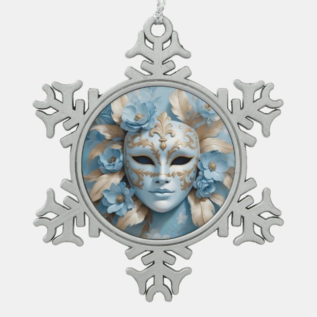 Blue and gold carnival mask snowflake pewter christmas ornament (Front)