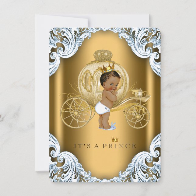 Blue and Gold Carriage Ethnic Prince Baby Shower Invitation (Front)