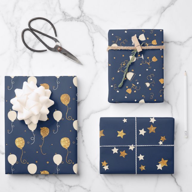 Blue And Gold Celebration Pattern Wrapping Paper Sheet (Front)
