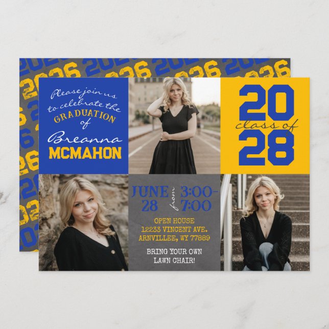 Blue and Gold Chalkboard 3 Photo Graduation Invitation (Front/Back)