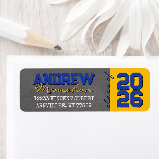 Blue and Gold Chalkboard Graduation Return Address (Insitu)