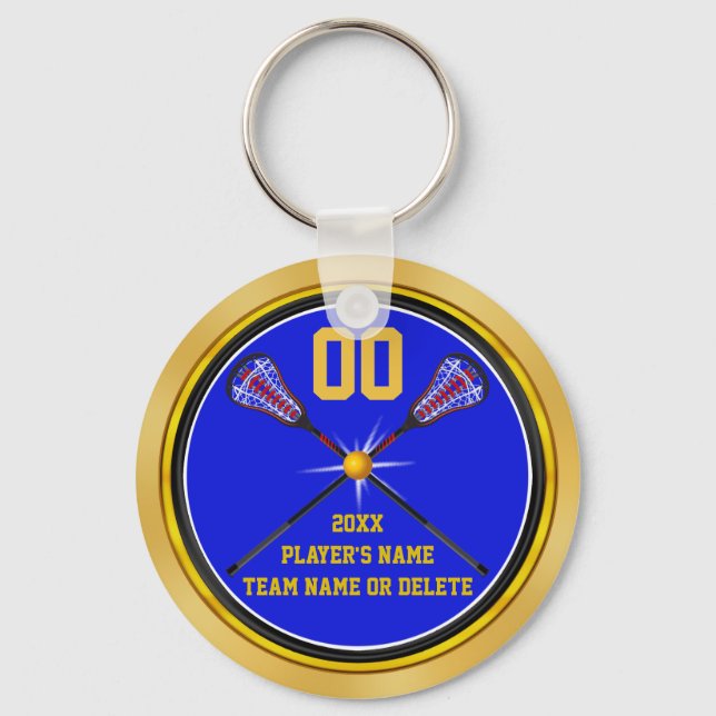 Blue and Gold Cheap Lacrosse Gifts, Personalised Key Ring (Front)