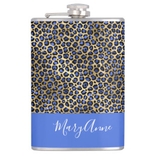 Blue and Gold Cheetah Print Monogram Hip Flask