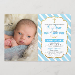 Blue and Gold Christening Baptism Baby Boy Photo Invitation