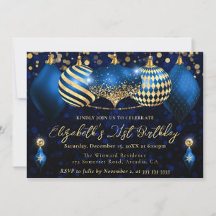 Blue and Gold Christmas Baubles 21st Birthday Invitation