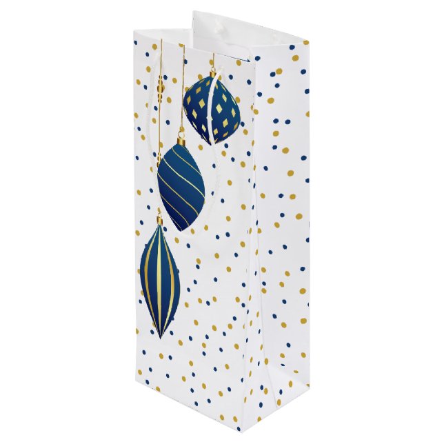 Blue and Gold Christmas Ornaments Holiday Wine Gift Bag (Back Angled)