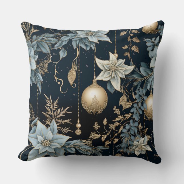 Blue and Gold Christmas Ornaments Poinsettias Cushion (Front)