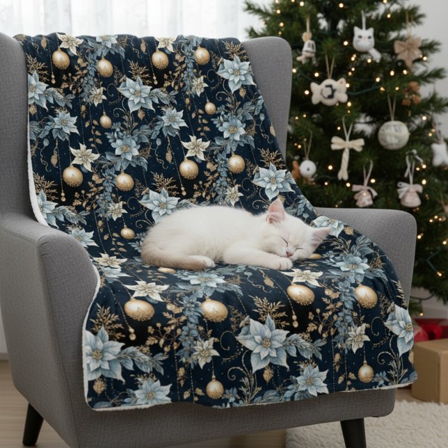 Blue and Gold Christmas Ornaments Poinsettias Fleece Blanket (Creator Uploaded)