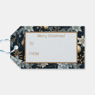 Blue and Gold Christmas Ornaments Poinsettias Gift Tags
