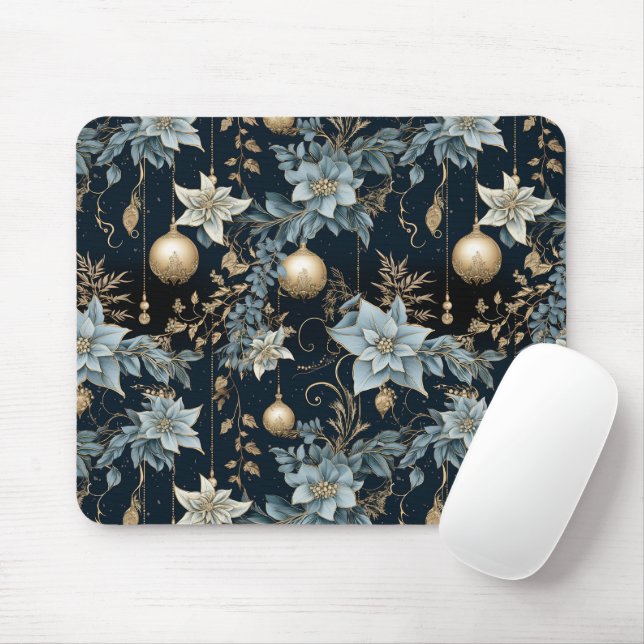 Blue and Gold Christmas Ornaments Poinsettias Mouse Pad (With Mouse)