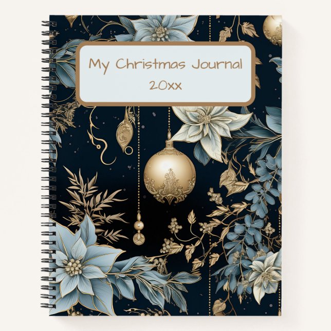 Blue and Gold Christmas Ornaments Poinsettias Notebook (Front)