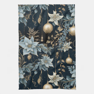 Blue and Gold Christmas Ornaments Poinsettias Tea Towel
