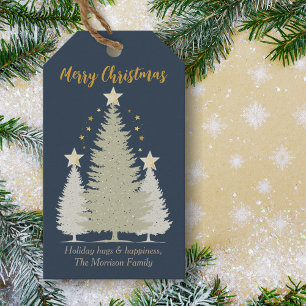 Blue and Gold Christmas Tree and Stars Gift Tags