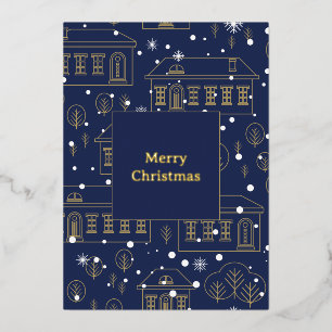 Blue and Gold Christmas Village Foil Card